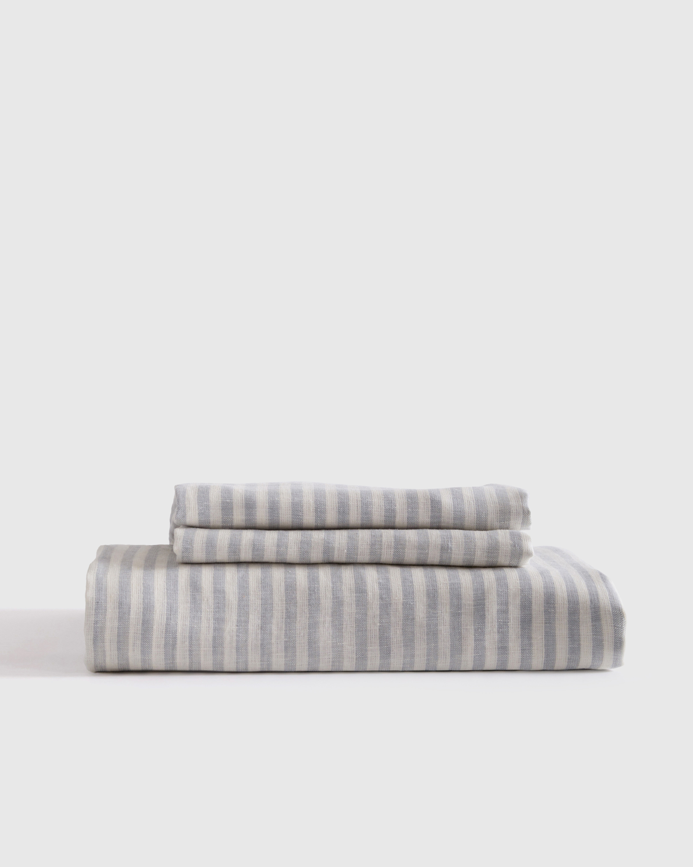 Quince | European Linen Stripe Fitted Sheet Set in Mist/White Stripe, Size Full | Quince