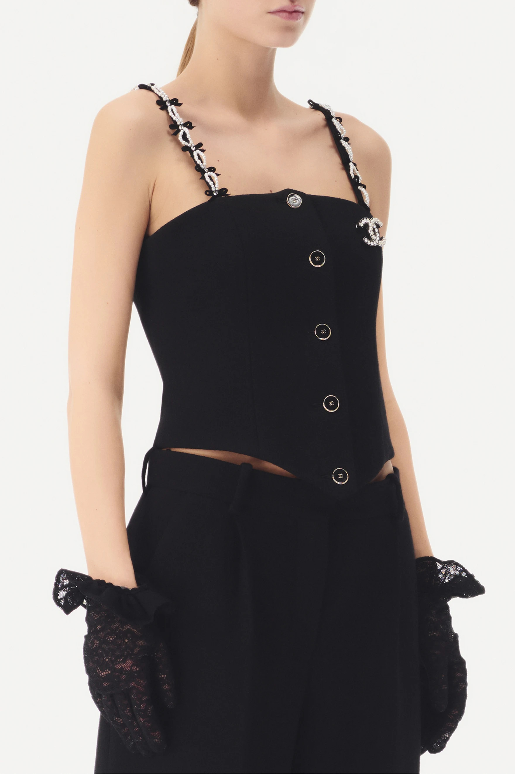 Top - Wool crepe embroided with imitation pearls, black & white — Fashion | CHANEL | Chanel, Inc. (US)