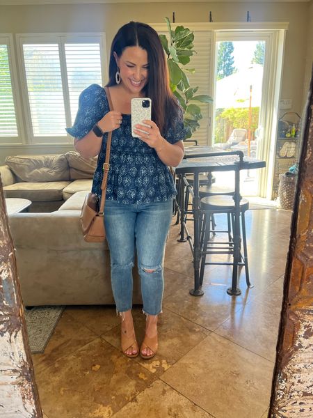 Wearing some of my favorite spring pieces for lunch and errands. My smocked puff sleeve peplum top is sold out, I linked a similar top that comes in a ton of colors and prints. I highly recommend these Nisolo sandals. They are worth the investment. 

#LTKover40 #LTKSeasonal #LTKstyletip
