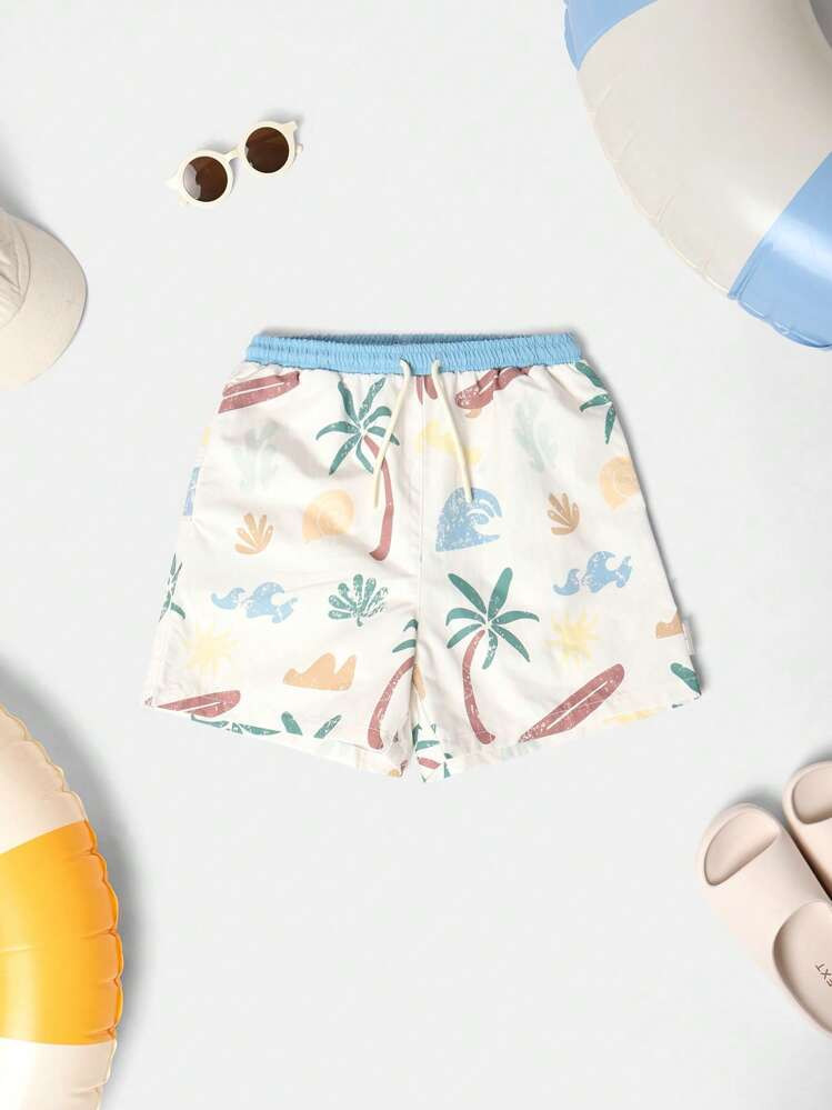 SUMWON Palm Tree Paradise Beach Swim Shorts Summer Holiday Pool Vacation Board Shorts Island Print Elastic Waist Casual Surf Trunks Vacation | SHEIN