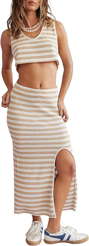 Women's 2024 Two Piece Sweater Set Striped Knit Sleeveless Vest Wrap Skirt Sexy Split Halter Dres... | Amazon (US)