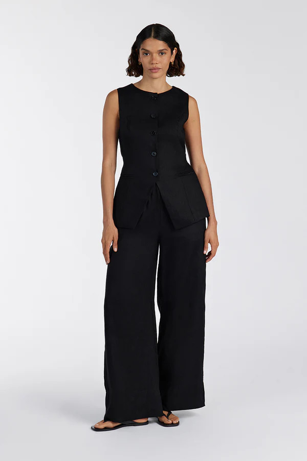 GINA BLACK LINEN ELASTIC WAIST PANT | DISSH
