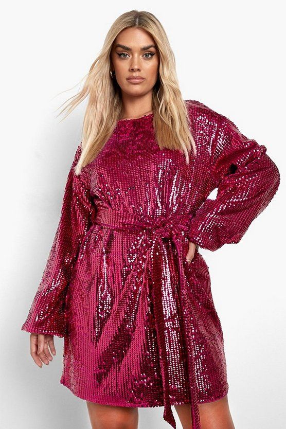 Plus Sequin Belted Blouson Sleeve Shift Dress | Boohoo.com (US & CA)