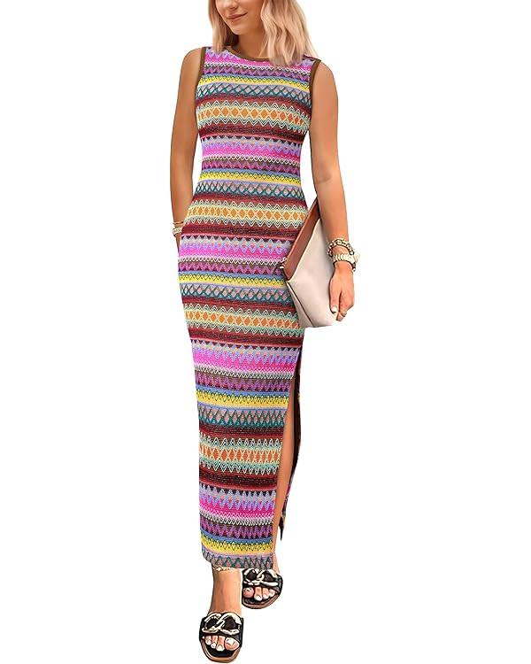 PRETTYGARDEN Womens Summer Sleeveless Tank Dress Crew Neck Striped Side Slit Bodycon Casual Maxi ... | Amazon (US)