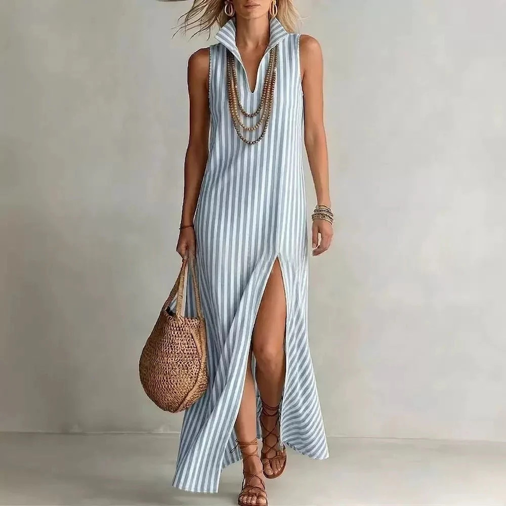 Striped Stand Collar Side-Slit Sleeveless Maxi Dress \u2013 A-Line Cami | Zulily