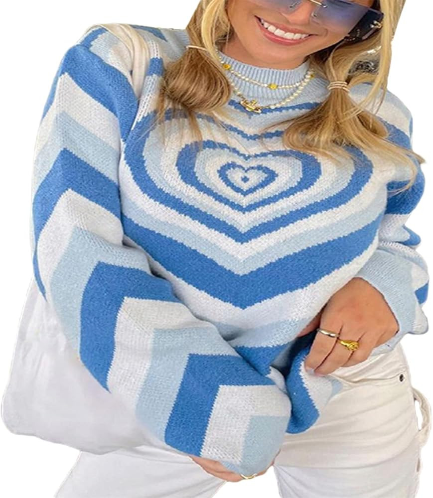 Women's Pullover Sweaters Stylish Heart Printed Crewneck Knit Sweater Tops | Amazon (US)