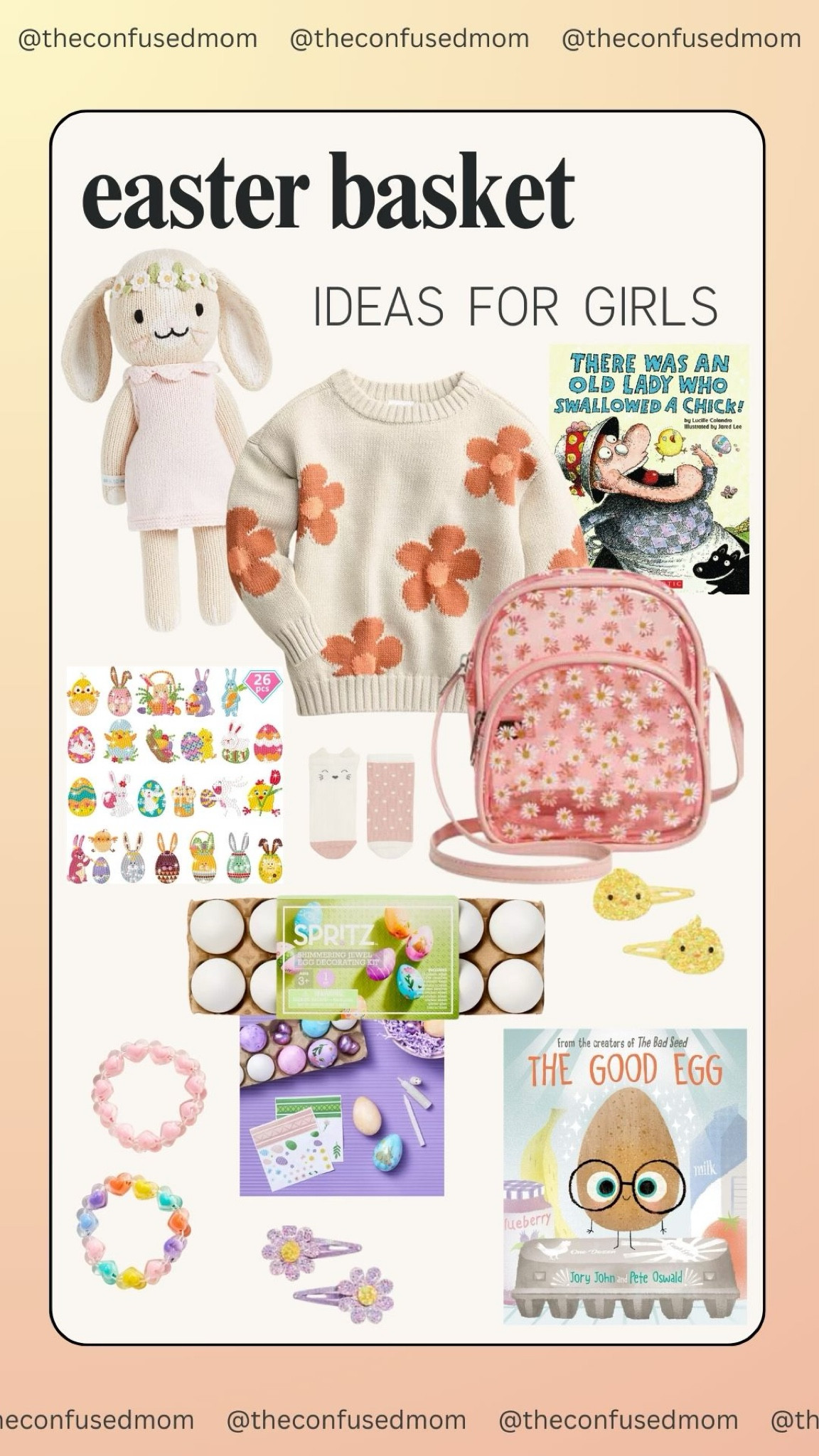 Easter basket ideas for girls! Cute floral sweater, cuddle kind knit bunny stuffed animal, jelly flower backpack, Easter sticker pack, egg decorating kit, Easter hair clips, heart bracelets, and Easter themed books. 

#LTKfamily #LTKkids #LTKSeasonal