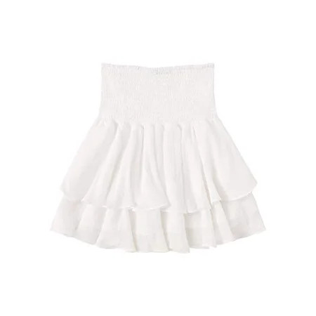 SheIn Women s Solid Shirred High Waist Layered Ruffle Hem Flared Mini Skirt White L | Walmart (US)