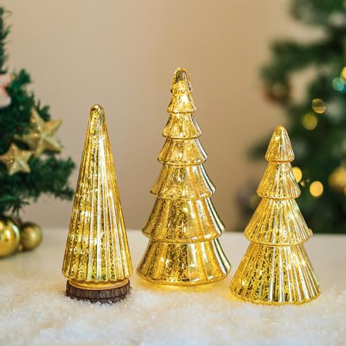Hewory Mercury Glass Christmas Tree: Set of 3 Gold Table Top Christmas Ornaments Trees with LED Lights, Christmas Centerpiece Table Decorations Indoor for Dining Fireplace Mantel Winter Holiday Decor | Amazon (US)