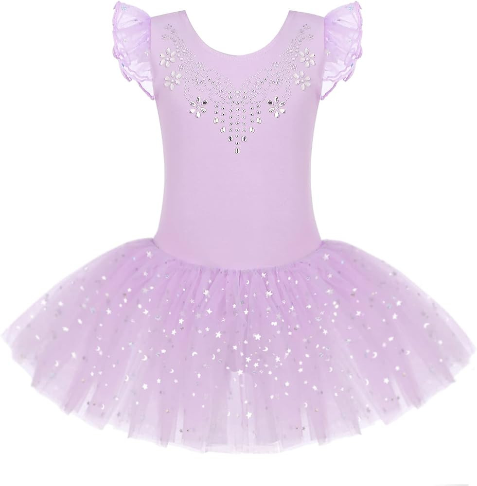 Zaclotre Kid Girls Ruffle Sleeve Ballet Skirted Leotard Shiny Dance Tutu Dresses | Amazon (US)