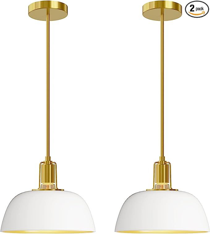 SEOL-Light 11" White Metal Dome Shade Pole Pendant Lighting Fixture with Polished Gold Rod Pendan... | Amazon (US)