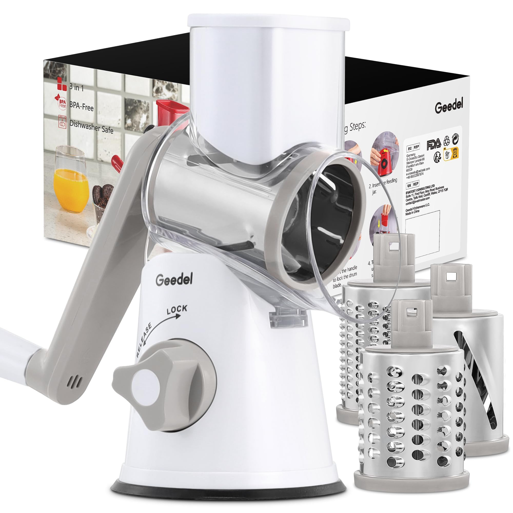 Geedel Rotary Cheese Grater, Kitchen Mandoline Vegetable Slicer with 3 Interchangeable Blades, Ea... | Amazon (US)