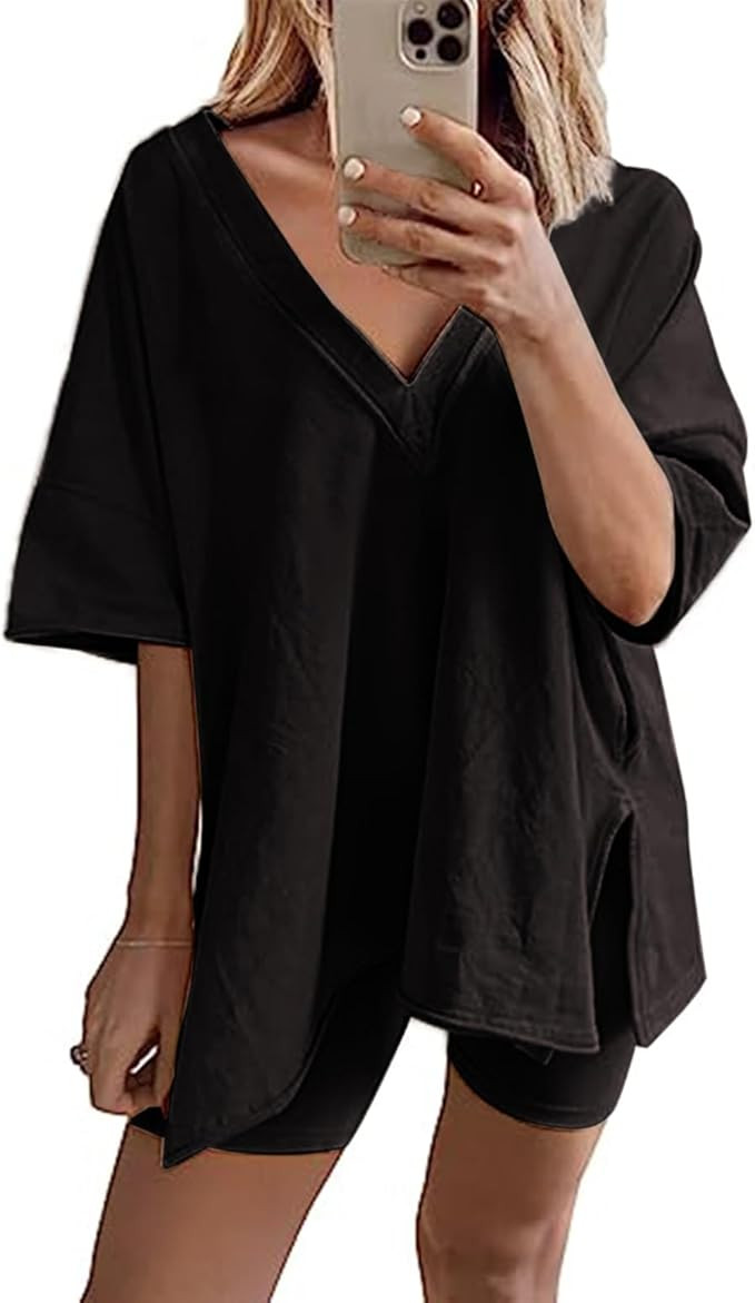 Bufushaoh Women's Oversized 2 Piece Outfits V Neck T-Shirts Biker Shorts Tracksuit Hot Shot Rever... | Amazon (US)