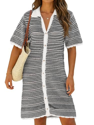 Fisoew Womens Crochet Swimsuit Coverup Summer Beach Bathing Suit Hollow Out Button Down Short Sle... | Amazon (US)