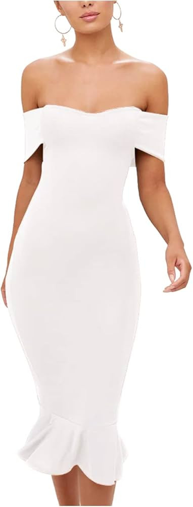 L'VOW Sexy Off Shoulder Bardot Mermaid Midi Dress for Women Evening Frill Hem Bodycon Backless Fi... | Amazon (US)