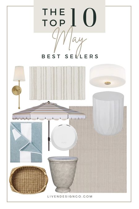 May best selling items for the home. Home decor. Home accents. Bathroom decor. Bath mat. Neutral decor. Patio decor. Outdoor accent table. White flush mount ceiling light. Brass sconce shade. Beach towel. Cabana striped towel. Pura home fragrance. Neutral outdoor rug. Planter urn. Scalloped patio umbrella. Woven tray.  

#LTKSeasonal #LTKHome #LTKStyleTip