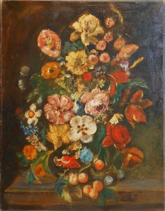 vintage still life  painting of flower and fruit signed | Etsy (US)