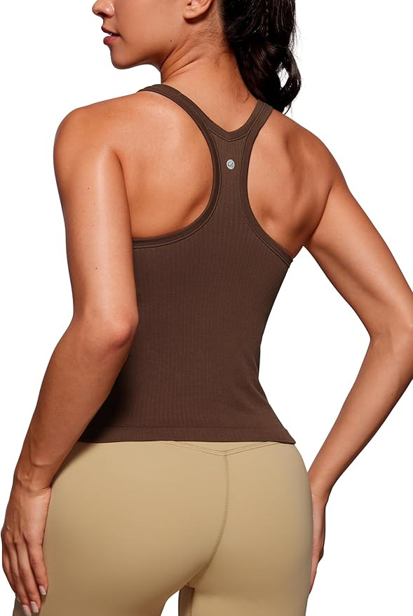 CRZ YOGA Seamless Ribbed Womens Tank Top Racerback Camisoles with Built in Bra Padded Scoop Neck ... | Amazon (US)