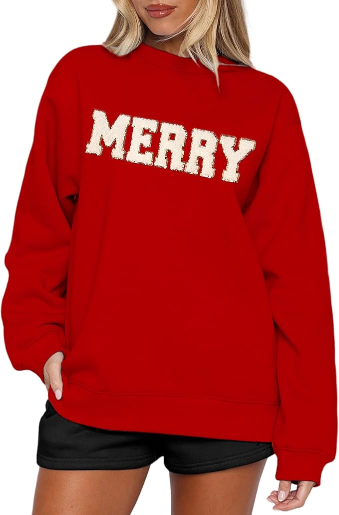 Merry Sweatshirts for Women Christmas Crewneck Fleece Lined Sweaters Chenille Sequin Letter Pullo... | Amazon (US)