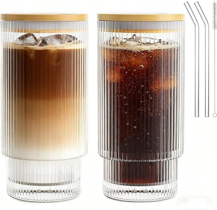 16OZ Ribbed Glass Cups with Lids and Straws,Iced Coffee Cups with Bamboo Lid,Vintage Glassware fo... | Amazon (US)