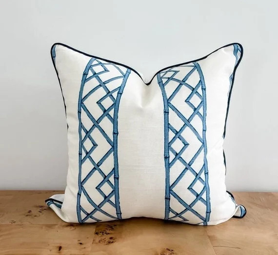 Ballard Reva BLUE & CREAM Bamboo Lattice Trellis Geometric - Etsy | Etsy (US)