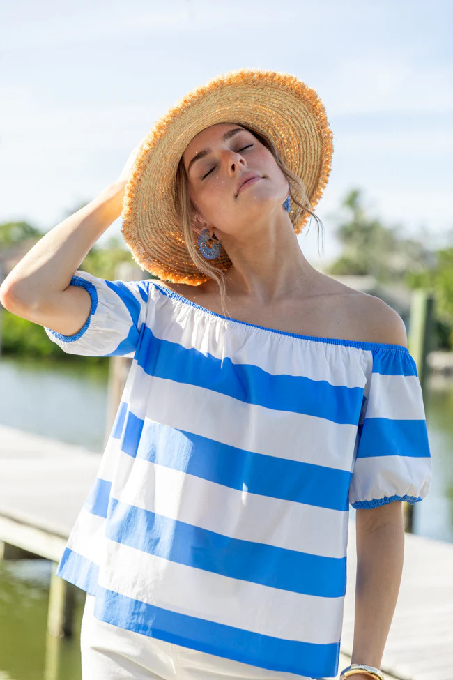 Never Want To Leave Blue Oversized Stripe Off The Shoulder Top | Pink Lily