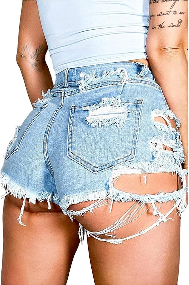 Susupeng Women Summer Irregular Waist Jean Shorts with Pockets Frayed Ripped Holes Cute Sexy Hot ... | Amazon (US)