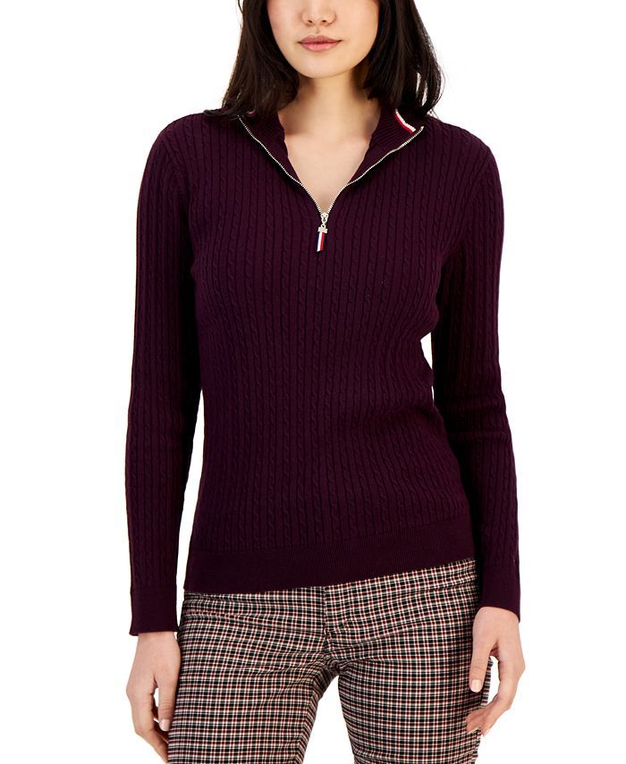 Tommy Hilfiger Women's Cotton Mock Turtleneck Cable-Knit Sweater & Reviews - Sweaters - Women - M... | Macys (US)