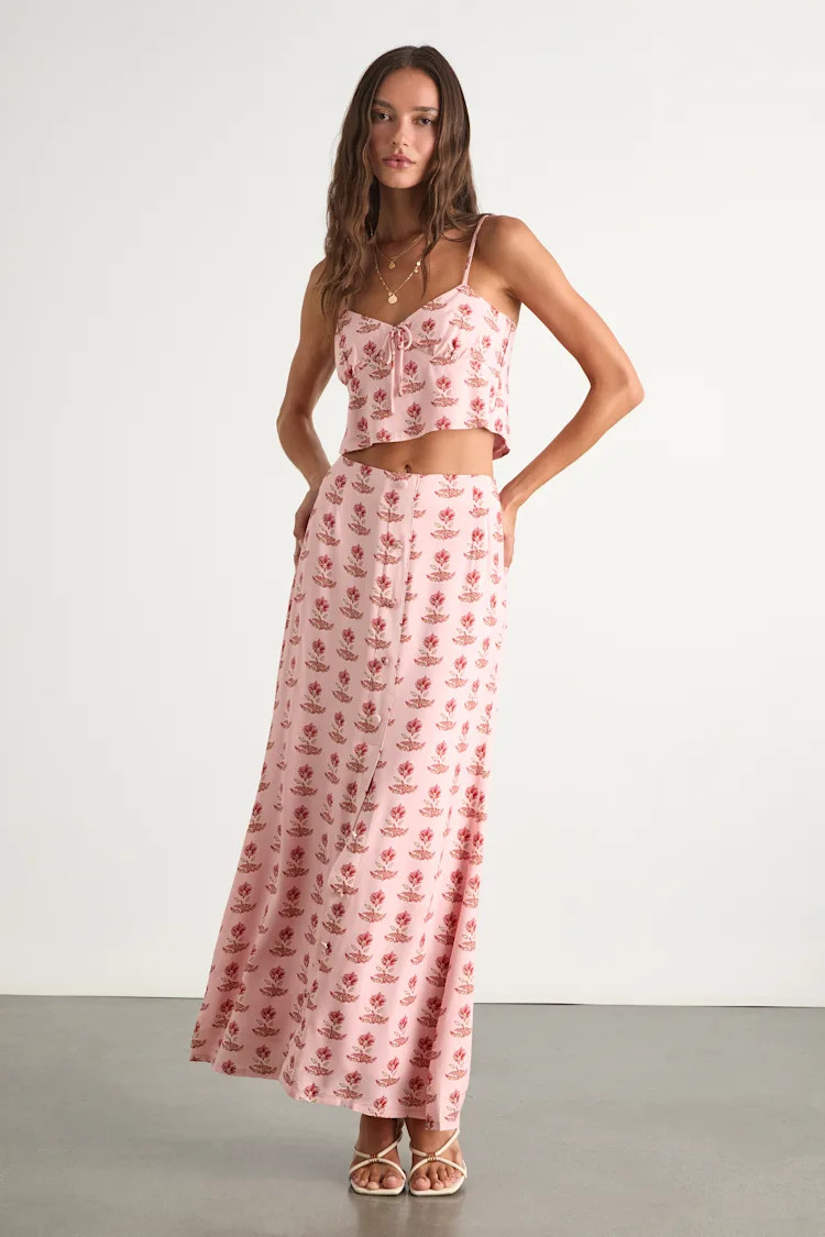 Chel Pink Boho Print Button-Front Maxi Skirt | Lulus
