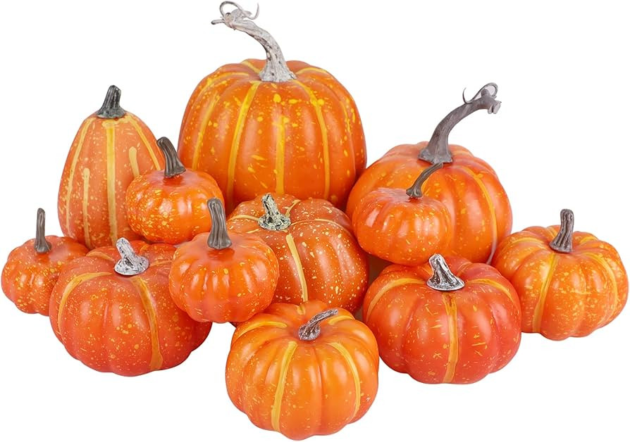 winemana 12 Pcs Thanksgiving Decorations Artificial Pumpkins, Orange Pumpkins Harvest Autumn Deco... | Amazon (US)