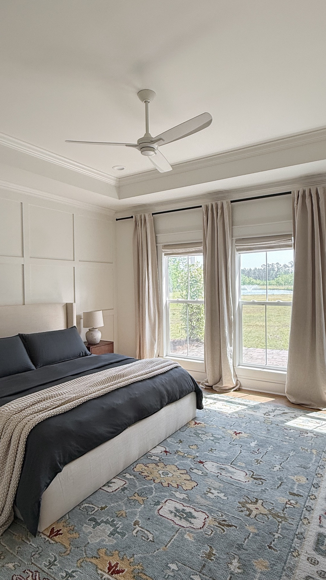 Quince Upholstered Bed, bedding, blackout drapes and rug! LOVE THEM ALL.