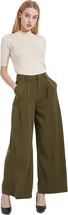 Tronjori Women High Waist Casual Wide Leg Long Palazzo Pants Trousers Regular Size | Amazon (US)