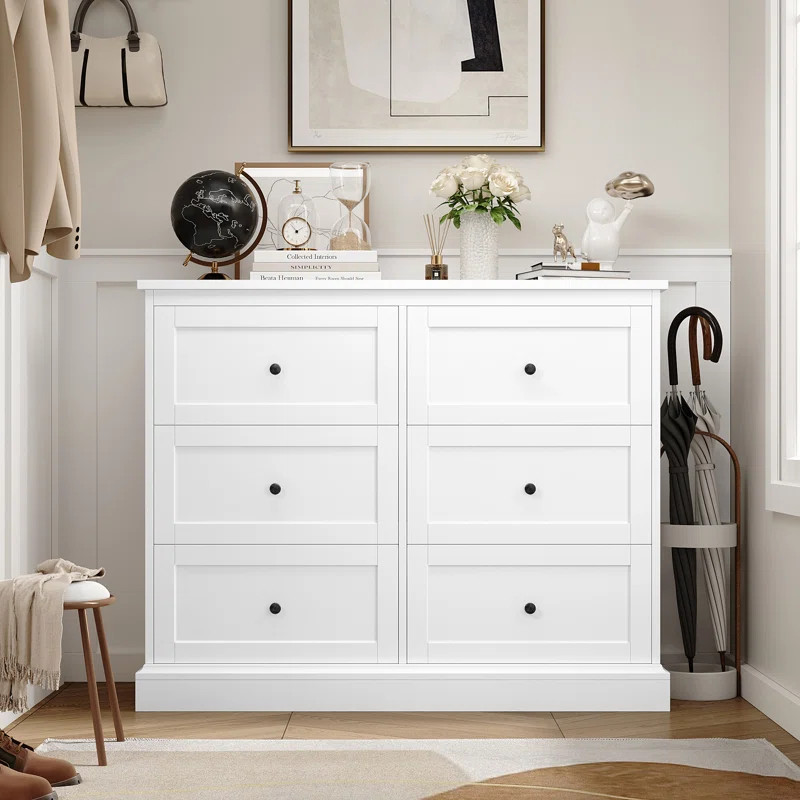 Alffi 6 Drawer 42.51" W Double Dresser, Wood Storage Dresser, Modern White Dresser | Wayfair North America