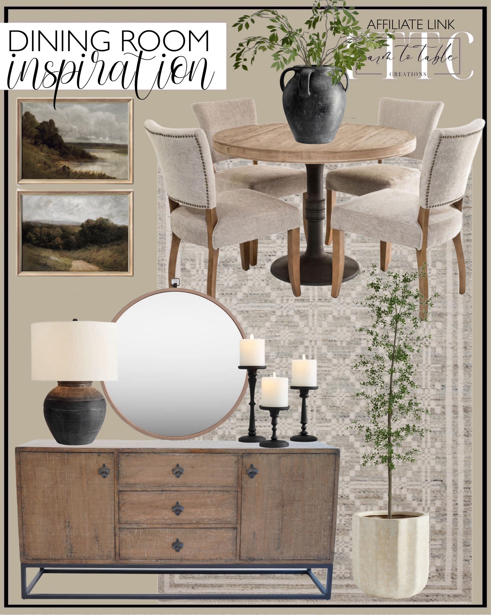 Dining Room Inspo. Follow @farmtotablecreations on Instagram for more inspiration.

Sienna Round Graywash Dining Table. Monroe Gray Wood Upholstered Dining Armchair. Durkee Reclaimed Wood And Metal Storage Cabinet With Drawers. Moody Country Landscape Wall Art Set of Two. Joshua Handcrafted Ceramic Vase. Handcrafted Weathered Vase. Faris Ceramic Table Lamp. Loloi Angela Rose Rivers Collection RIV-02 Lagoon / Ivory Reversible Area Rug. Faux Black Olive Tree. Modern Rustic Fluted Outdoor Planters. Willow Stems. Dining Room Space. Dining Room Inspo.  Dining Room Decor. Dining Room Table. World Market. 



#LTKHome #LTKFindsUnder50 #LTKStyleTip