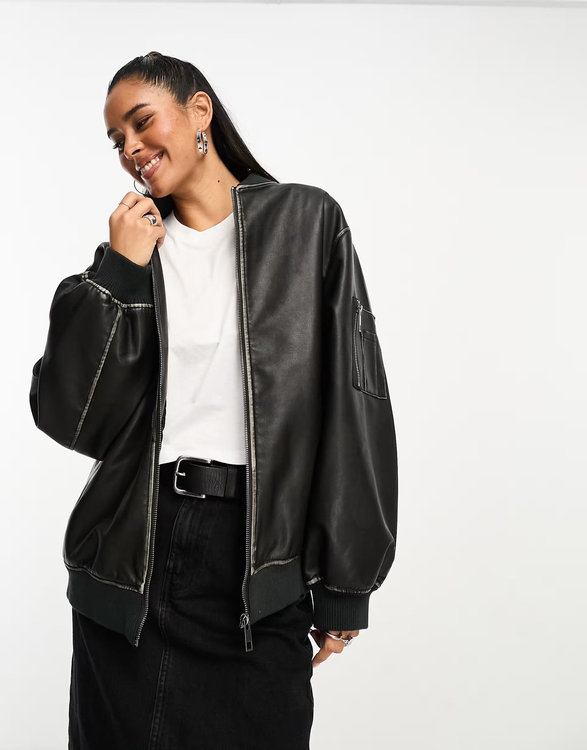 ASOS DESIGN washed faux leather bomber jacket in black | ASOS | ASOS (Global)
