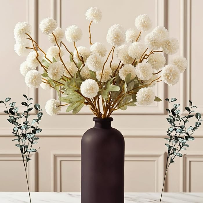 RyddeligHome White Faux Flowers for Vase - Kiku 10 Stems & Eucalyptus, Fake Flowers Stems for Pot... | Amazon (US)
