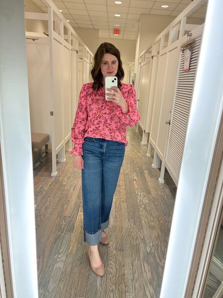 Pink floral top, wide leg jeans, pink top, vday look, vday style 

#LTKsalealert #LTKfindsunder50 #LTKMostLoved