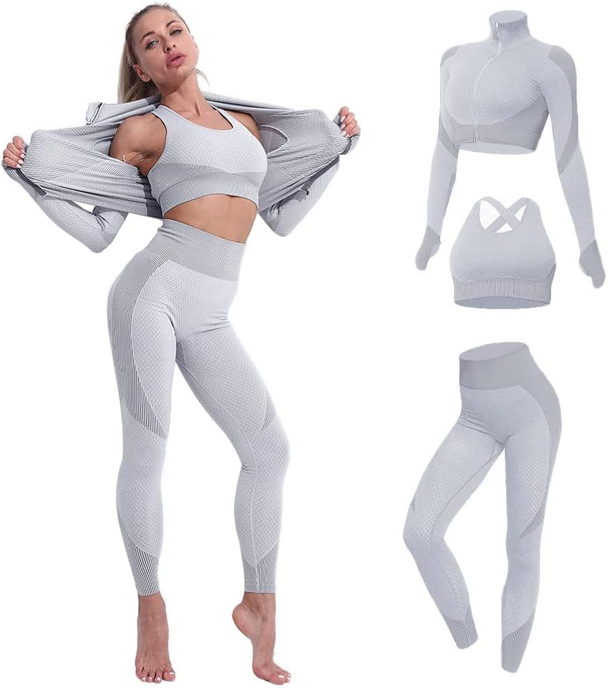 Women's 3pcs Seamless Outfit Workout Sets Gym, Fitness Sports Tracksuit Workout Set Running Cloth... | Amazon (US)
