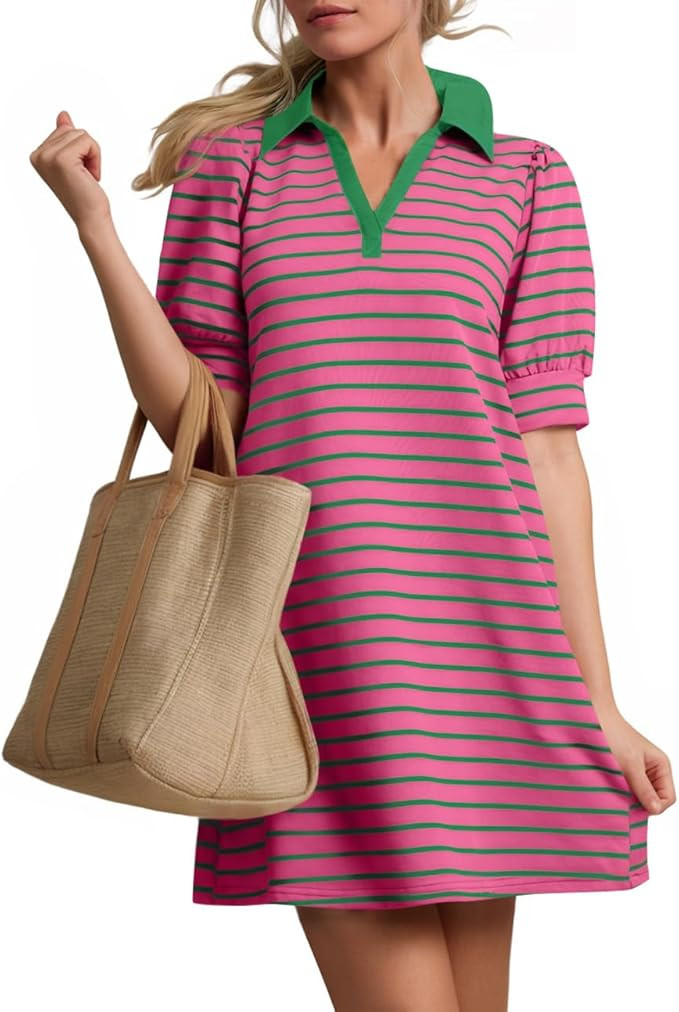 ZESICA Womens Summer Striped T Shirt Mini Dresses 2026 Casual Lapel V Neck Short Sleeve Flowy A L... | Amazon (US)