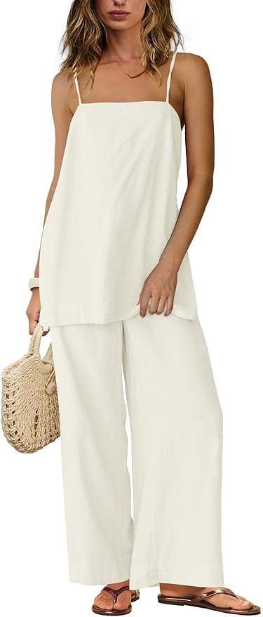 SENSERISE Linen Sets for Women 2 Piece Set Summer Beach Vacation Outfits Spaghetti Strap Tank Top... | Amazon (US)