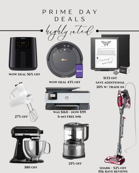 Prime day appliances and electronics.  Vacuum shark kindle tablet printer kitchen aid mixer air fryer 

#LTKxPrime #LTKhome #LTKsalealert