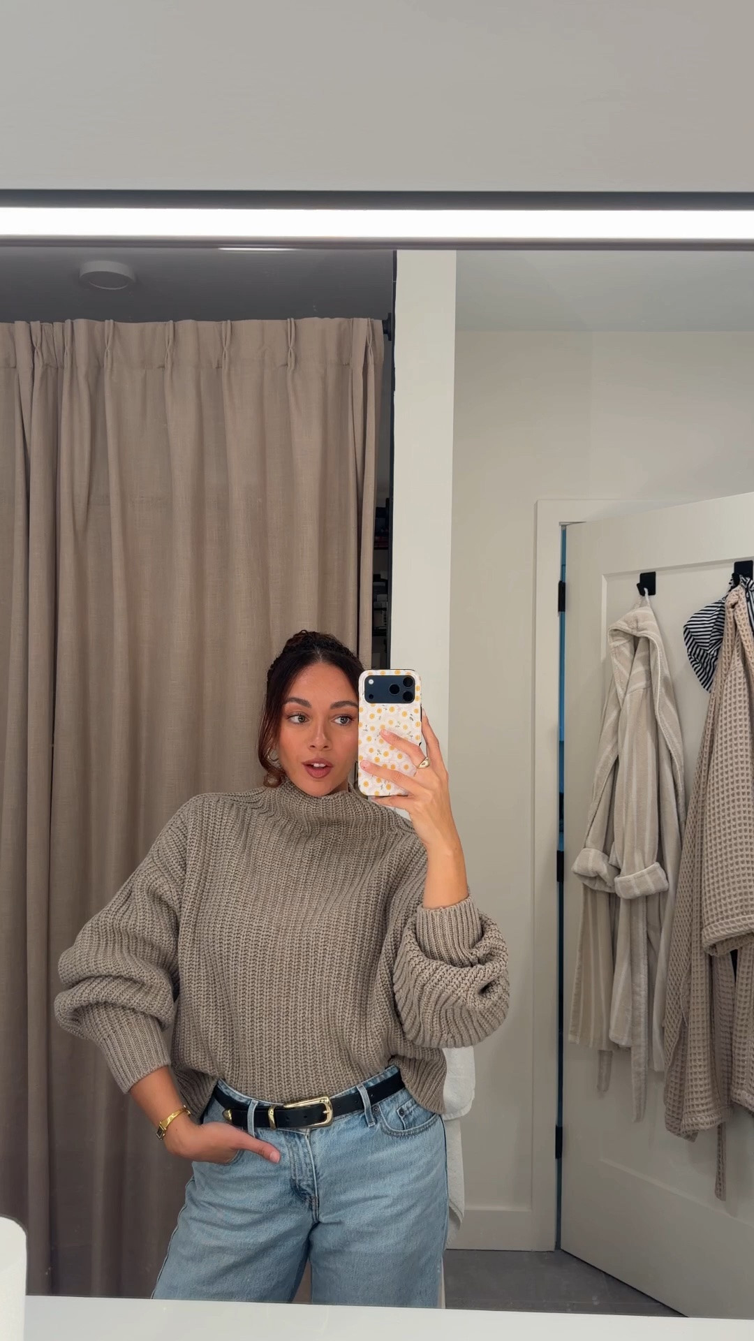 Fall OOTD | chunky knit sweater, statement belt, and mid rise light wash denim