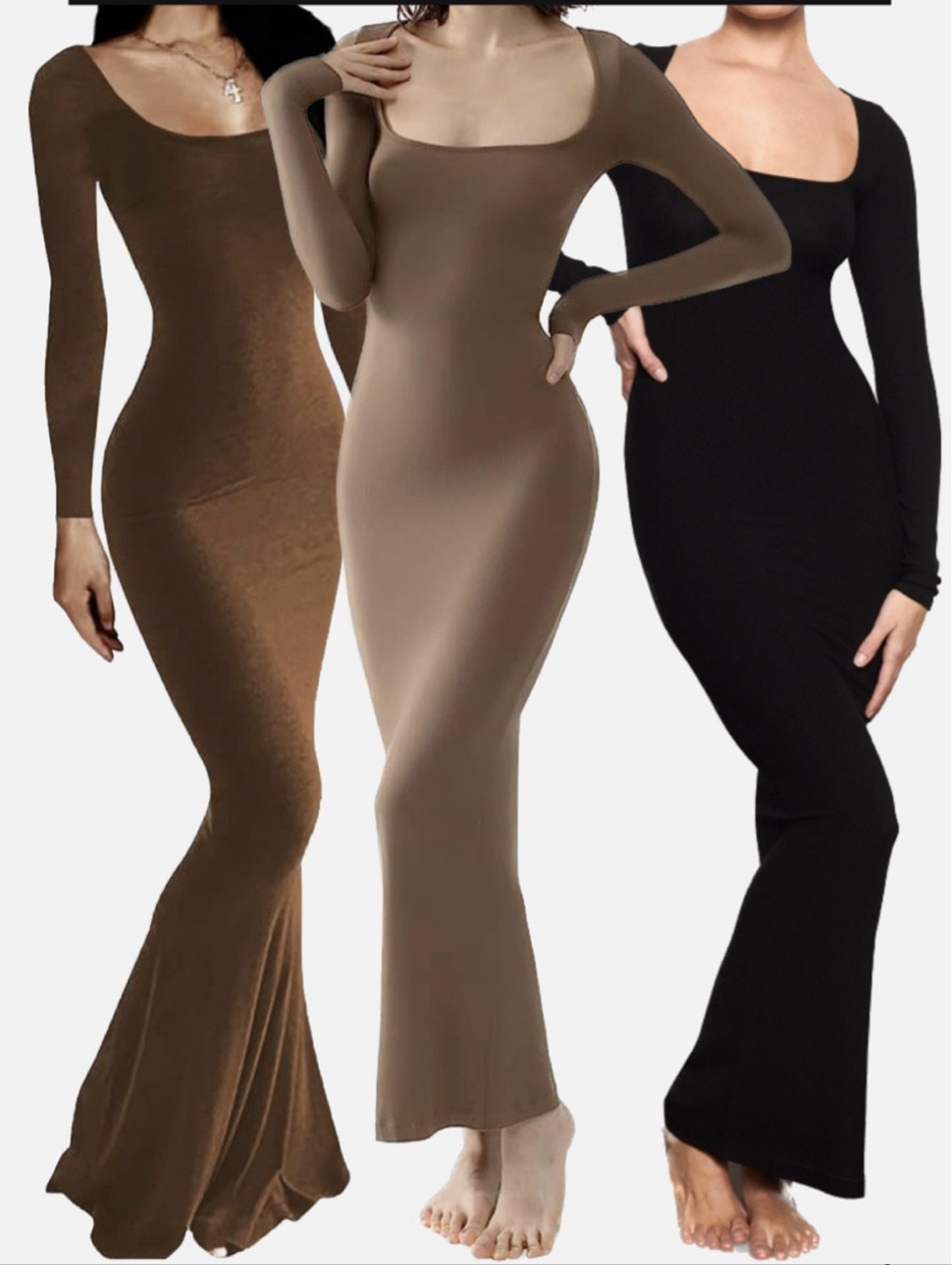 Skims long sleeve maxi lounge dress and two affordable Amazon options. 
Left : not ribbed and thinner material
Middle: great look for less!! A little thinner than Skims but so similar 
Right: you can’t go wrong with this Skims dress 

All TTS

#LTKPlusSize #LTKStyleTip #LTKBump