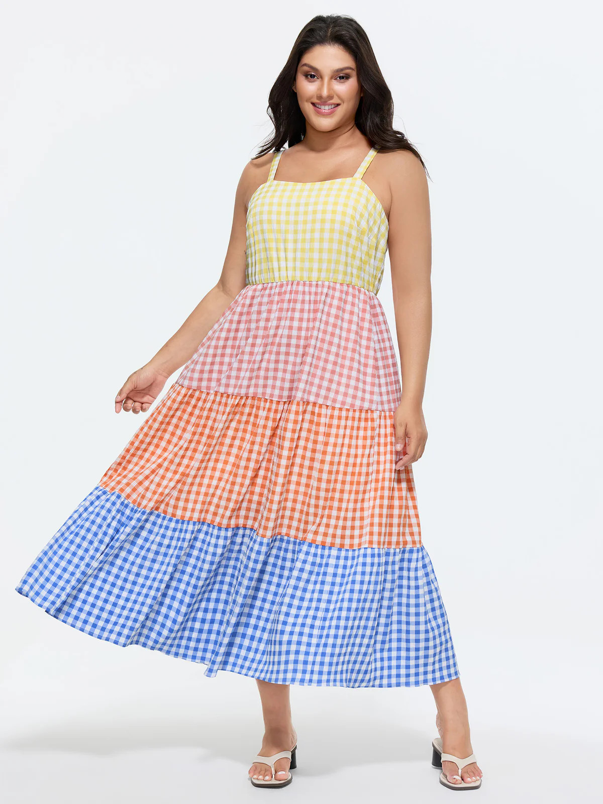 Colorblock Gingham Print Tiered Maxi Dress | Bloomchic