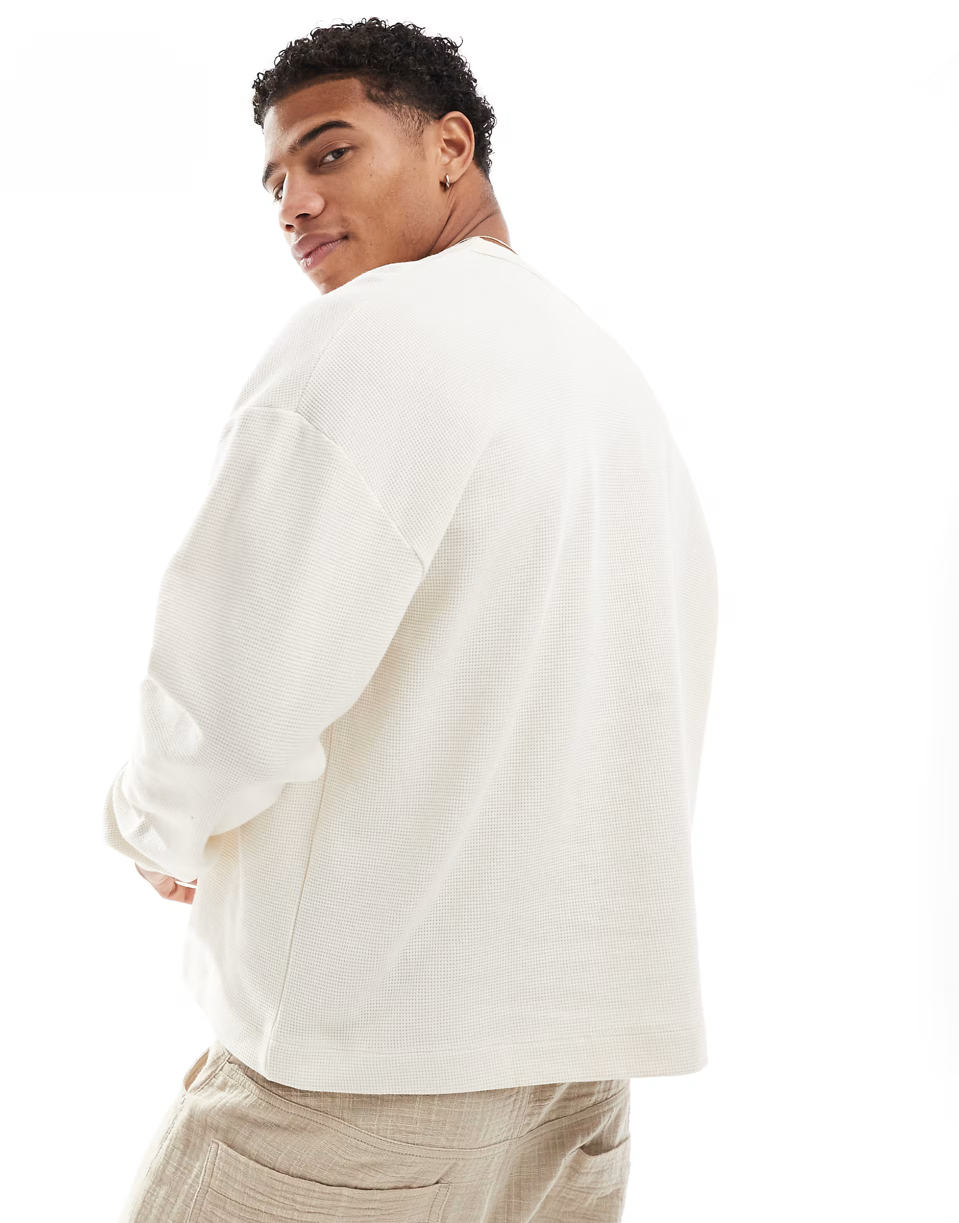 ASOS DESIGN oversized boxy waffle long sleeve t-shirt with henley neck in cream | ASOS | ASOS (Global)