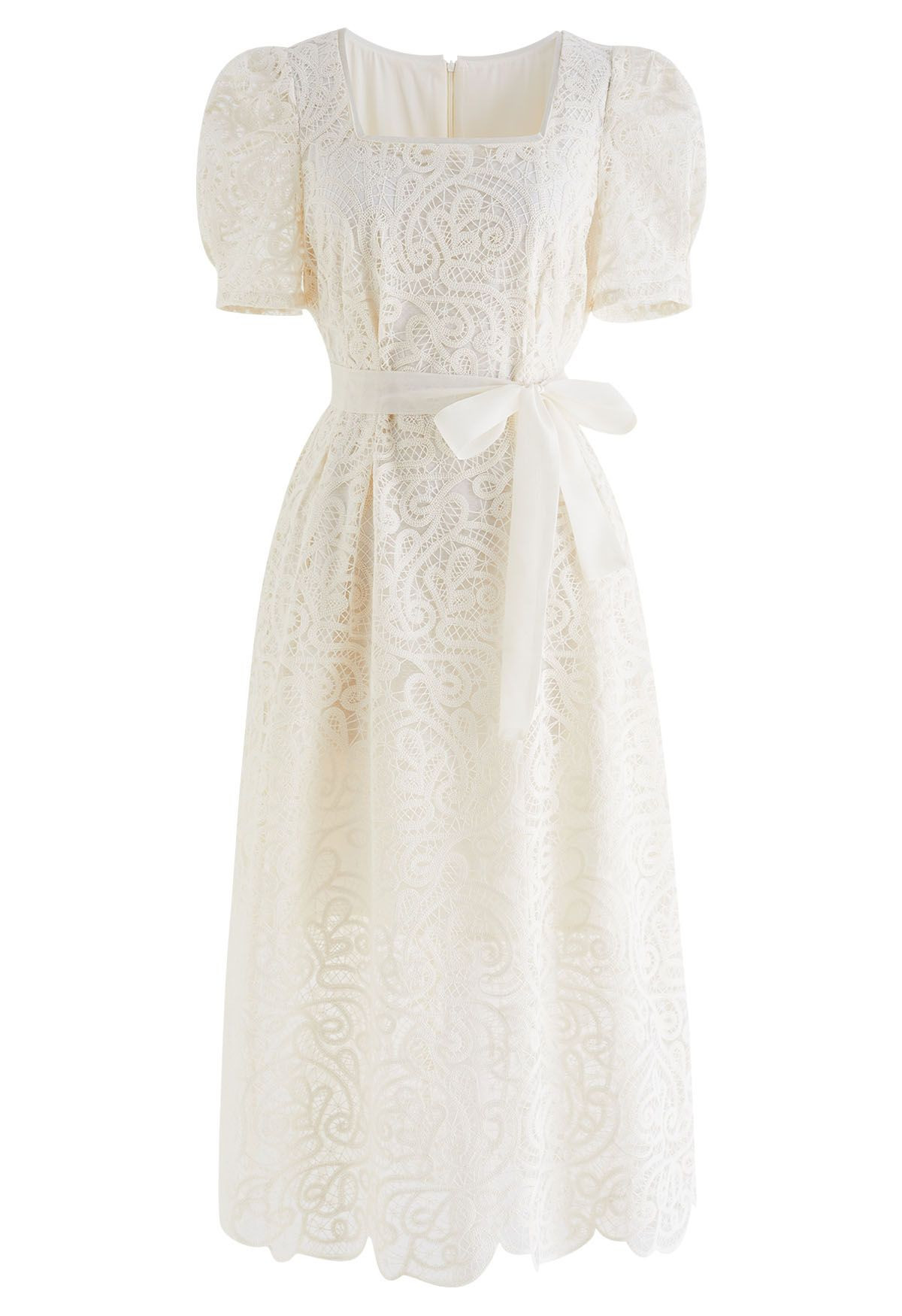 Full Paisley Cutwork Crochet Tie Waist Midi Dress | Chicwish