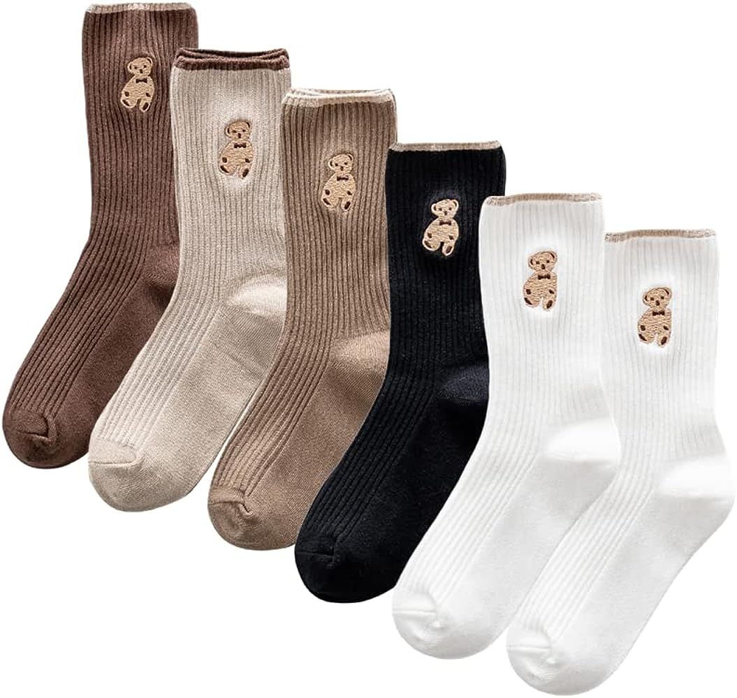 CHERSE 6 Pairs Women Cute Socks Fashion Cotton Breathable Socks Japanese Style Cute Bear Embroide... | Amazon (US)