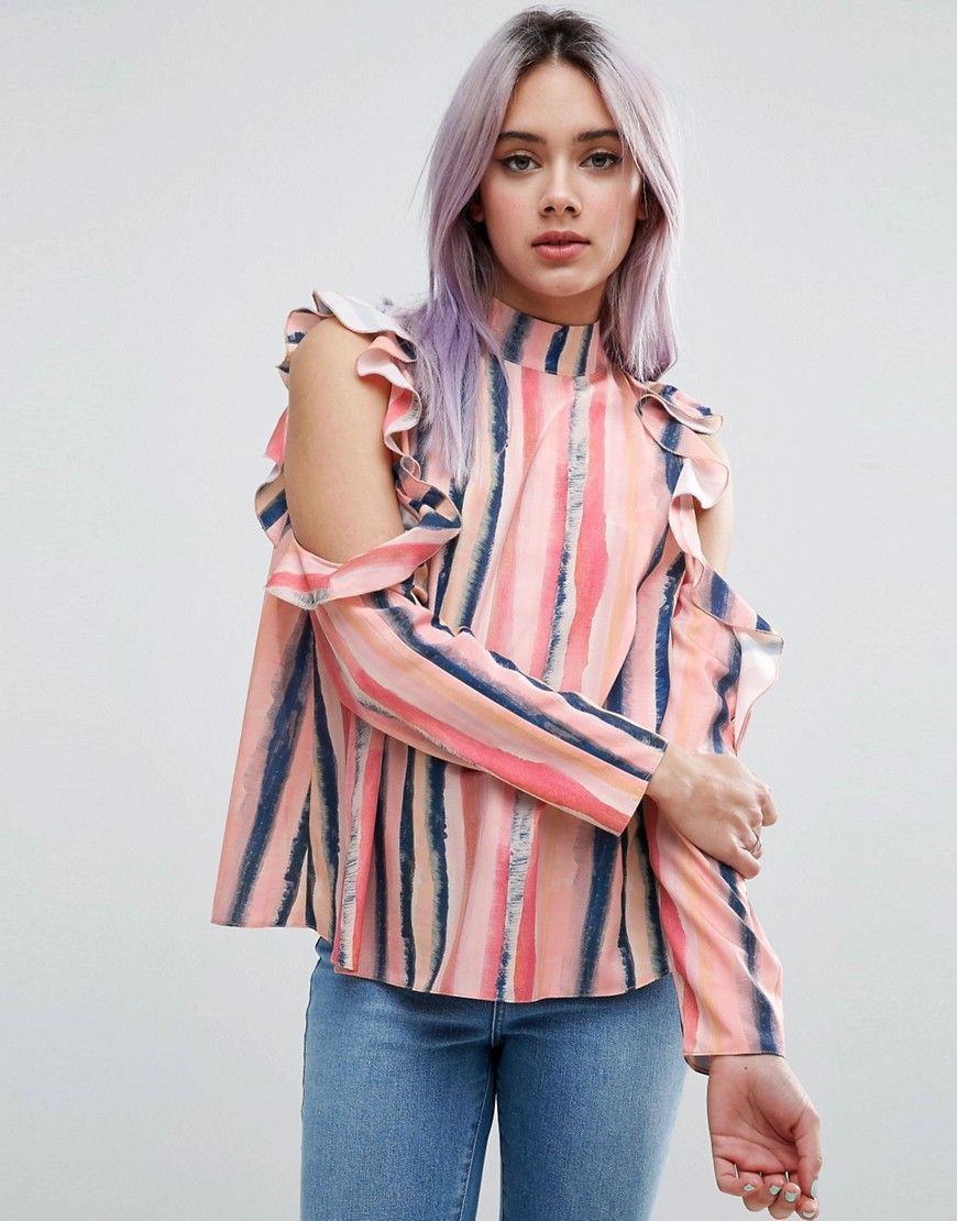ASOS Cold Shoulder Top with Ruffle in Blurred Pastel Stripe - Multi | ASOS US