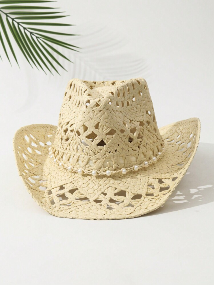 1pc Unisex Pearl Decorated Hollow Straw Sun Hat, Beach Cowboy Hat, Bohemian Style | SHEIN