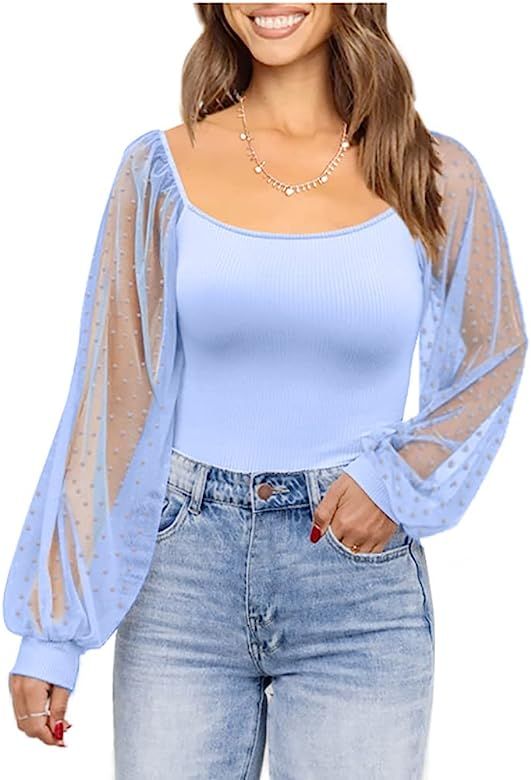 Jollycode Women's Summer Sheer Mesh Puff Long Sleeve Tops Polka Dots Square Neck Shirts Blouses | Amazon (US)